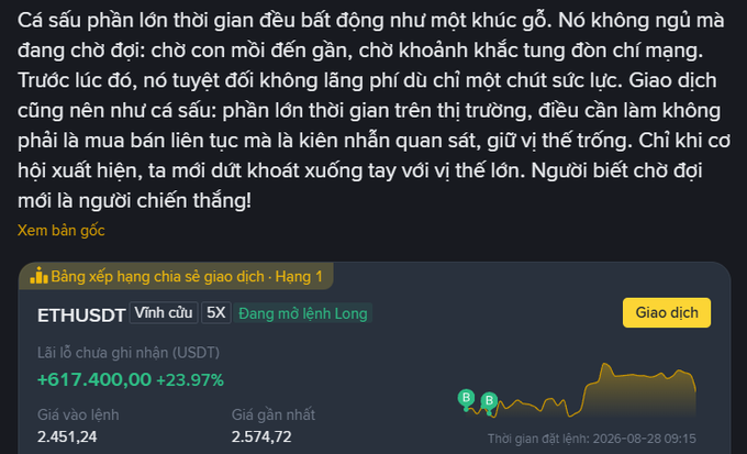 A Vietnamese-language financial post compares trading to a crocodile waiting for prey, alongside a Binance order book entry showing ETHUSDT at 2,451.24 and a profit of +617,400.00 (+23.97%).