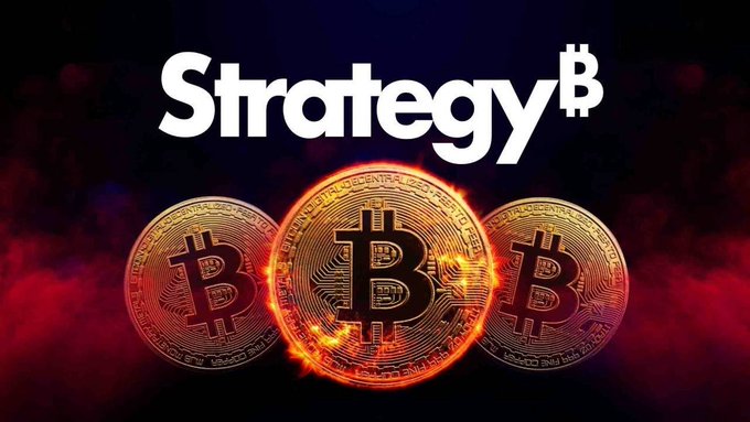 Three golden Bitcoin coins glow with a fiery aura against a dark red background, with the word 'Strategy' and a Bitcoin symbol (₿) prominently displayed above.