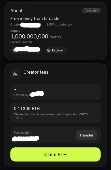 The image shows a token dashboard for "Free money from farcaster" (CASTER) paired with ETH, displaying a 1,000,000,000 supply and 3.00% creator tax, with 0.11309 ETH (paid by 0x3625...1913) claimable as creator fees.

The image illustrates the result of the post's tutorial, showing that the creator earned 0.11309 ETH in fees from a token launch on @ponsdotfamily, demonstrating that the method of launching a token to collect creator fees from bot trading activity actually generates ETH revenue.