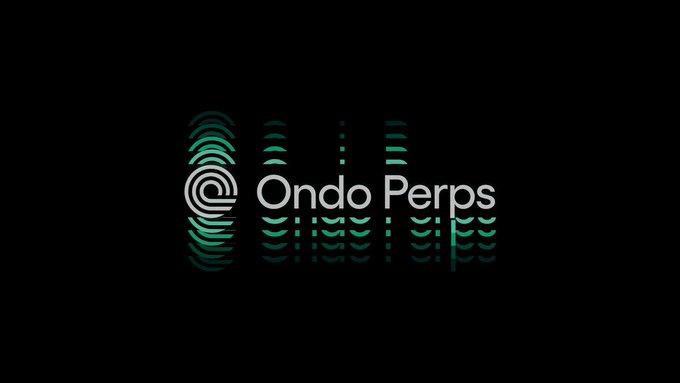A logo on a black background reading 'Ondo Perps' with a stylized icon and green wave-like patterns behind the text.