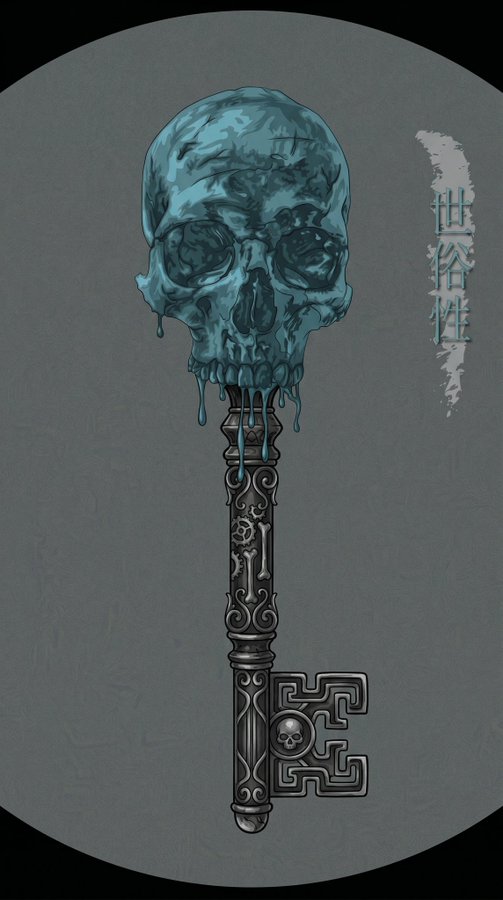 A detailed digital illustration of an ornate, silver-colored key featuring a skull with melting blue drips forming the bow, and a complex bit design with a small skull motif. Asian characters are present on the right side.