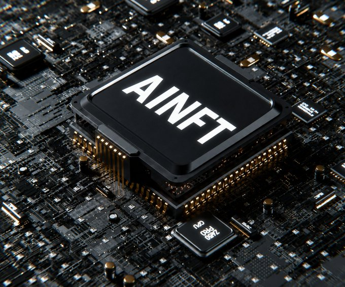 A close-up of a black microchip labeled "AINFT" mounted on a circuit board, symbolizing the AI-powered NFT infrastructure on the TRON blockchain. The chip represents the prompt tokenization engine powering AINFT's marketplace, fair token launches, and licensing tools for monetizing generative AI prompts.