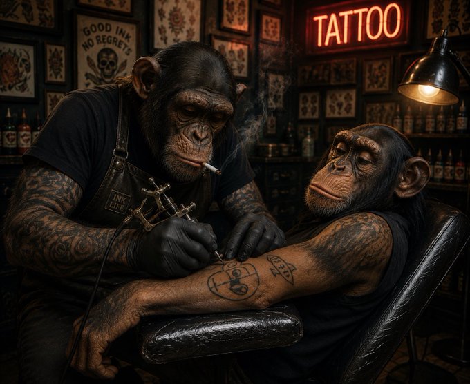An AI-generated image depicts a chimpanzee tattoo artist wearing an 'INK LIFE' apron and smoking a cigarette, tattooing a design onto another chimpanzee's arm in a dimly lit tattoo parlor with a 'TATTOO' neon sign.