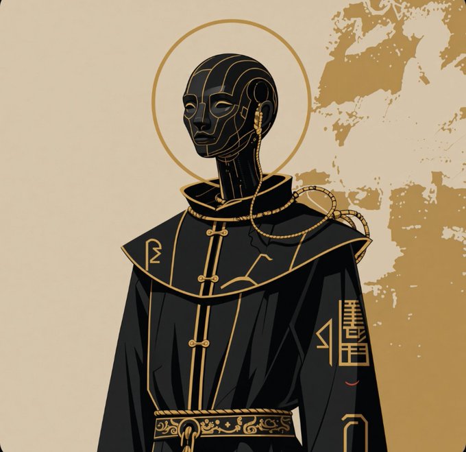 An illustration of a robotic or masked figure in a black robe adorned with gold patterns and symbols, featuring a circular gold halo behind its head against a tan background.