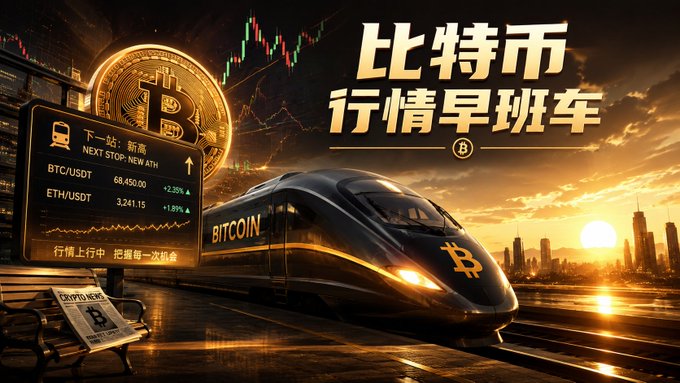 A promotional graphic for Bitcoin features Chinese text reading '比特币行情早班车' (Bitcoin Market Morning Express), depicting a sleek black bullet train emblazoned with the Bitcoin logo and displaying BTC/USDT and ETH/USDT prices on a digital departure board.