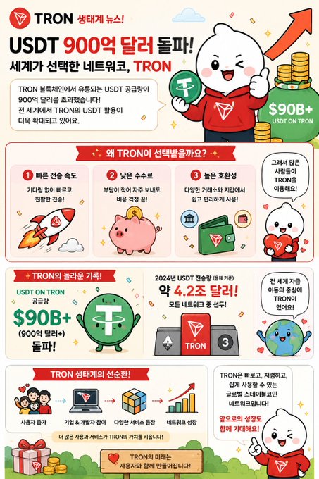 An infographic about TRON cryptocurrency in Korean, highlighting 'USDT 900억 달러 돌파!' (USDT surpasses 90 billion dollars) with the TRON mascot and statistics.