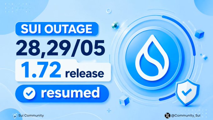 The image shows a blue banner with white text that reads "Sui Outage 28,29/05 5:52 1.72 release Resumed". The text also includes a checkmark symbol next to the word "Resumed", indicating that the network operations have been fully restored and are now functioning properly.