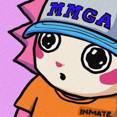 A cartoon character wearing a blue and white cap with 'NMGA' written on it, an orange shirt with 'INMATE' text, featuring a surprised expression against a pink background.