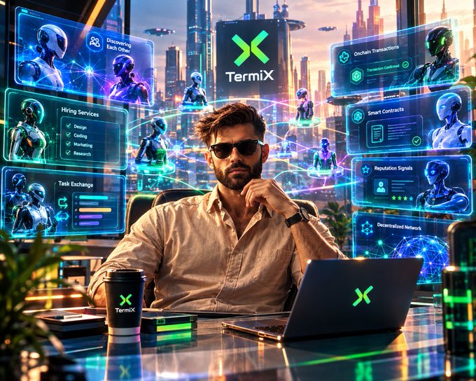 A man wearing sunglasses sits at a desk with a "TermiX" branded laptop and coffee cup, surrounded by floating holographic panels displaying features like "Hiring Services," "Task Exchange," "Smart Contracts," "Onchain Transactions," and "Reputation Signals." The futuristic cityscape backdrop reinforces the post's theme of TermiX building an ecosystem where AI agents can autonomously discover, coordinate, and transact with one another without human oversight.