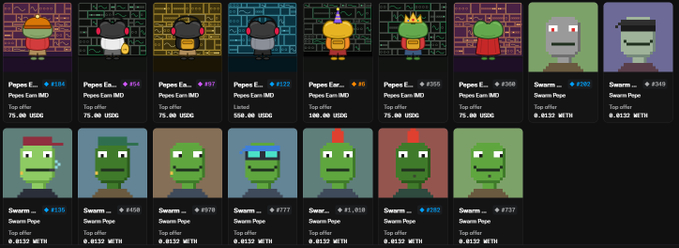 A grid displaying various Pepe-themed NFT collections, including "Pepe E..."." "Pepe E..."." and "Swarms Pepe" with their respective floor prices and USDG/USDT/WETH offers.