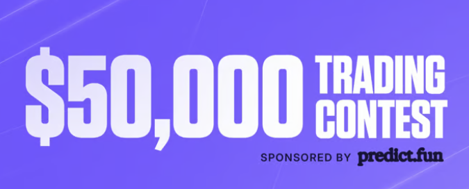 An announcement banner for a $50,000 trading contest sponsored by predict.fun.