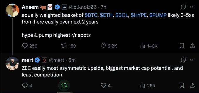 A Twitter/X post by user @blknoiz06 discussing crypto tokens ($BTC, $ETH, $SOL, $HYPE, $PUMP) with predictions of 3-5x returns, with a reply from @mert mentioning ZEC having biggest market cap potential.