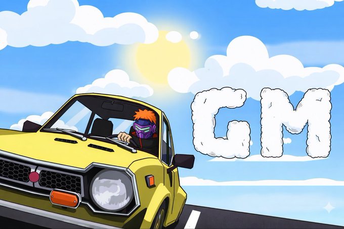 An illustration shows a yellow convertible with a masked character driving, alongside cloud-shaped letters spelling 'GM' against a bright sky.