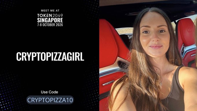 A promotional graphic for TOKEN 2049 Singapore (7-8 October 2026) featuring a woman taking a selfie in a car, displaying her username "CRYTOPIZZAGIRL" and a discount code "CRYTOPIZZAGIRL10" for 10% off tickets. The image directly supports the post announcing her attendance at the event while offering followers her exclusive discount code.