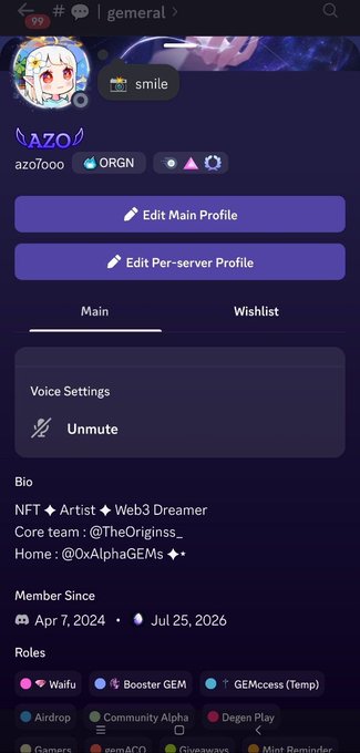 A Discord profile screenshot for "azo7000" displays an anime-style avatar, the bio "NFT Artist Web3 Dreamer, Core team: @TheOriginss_, Home: @0xAlphaGEMs ✦", and various roles like "Waifu," "Booster GEM," and "Airdrop." The image shows the user's membership status in the @0xAlphaGEMs server, aligning with the post about their appearance in that community.