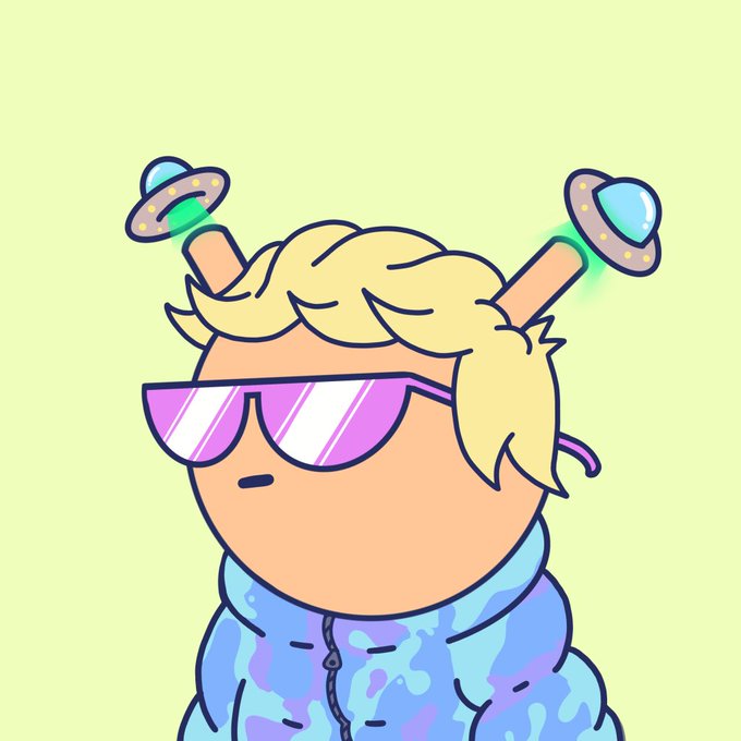 A stylized cartoon illustration of a blonde character with two UFOs beaming antennae-like devices onto their head, wearing pink-tinted sunglasses and a blue/purple camouflage-patterned puffer jacket on a pale yellow background.