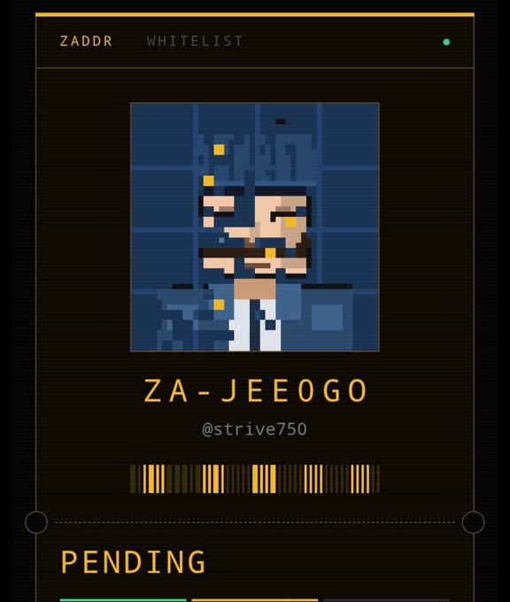 A digital whitelist card for 'ZA-JEE0G0' by @strive750 with pixel art of a character, a barcode, and a 'PENDING' status.