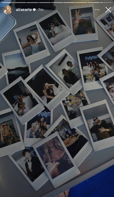 An Instagram story from "alixearle" posted 7 minutes ago displays a scattered pile of Polaroid photos capturing friends posing at what appears to be a lively Polymarket-branded activation event, featuring casual gatherings, food, and playful group shots. This visually aligns with the post's caption, which suggests Alix Earle's attendance at a Polymarket activation alongside Timothée Chalamet's Kalshi partnership, hinting that pop culture endorsements could drive the next wave of growth for prediction market platforms.