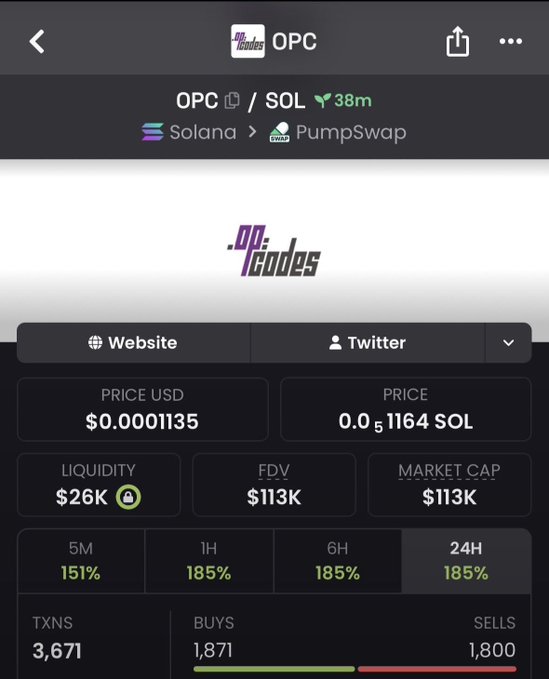 A mobile screenshot showing cryptocurrency trading details for the 'OPC' token on the Solana blockchain via PumpSwap, displaying a price of $0.0001135, market cap of $113K, and buy/sell ratios.