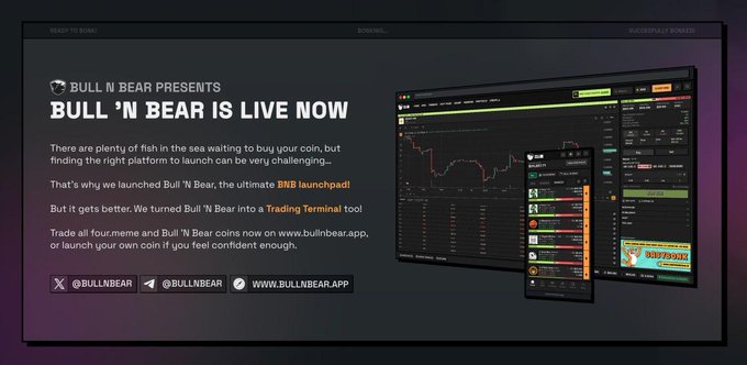 A promotional banner for Bull 'N Bear's launch on BNB Chain, featuring the tagline "BULL 'N BEAR IS LIVE NOW" alongside screenshots of the desktop trading terminal and mobile app, highlighting key features like the 0.75% trading fee and referral rewards program.