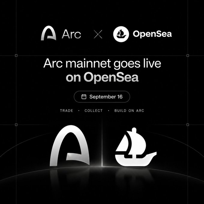 An announcement graphic reading 'Arc mainnet goes live on OpenSea' on September 16, featuring the Arc and OpenSea logos.