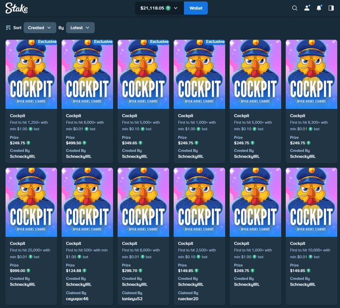 The image shows a Stake.com page displaying 12 "Cockpit" challenges by Aftersnacks Studios, with prizes ranging from $124.88 to $999.00 and minimum bets from $0.01 to $1.00, all created by user "SchneckyjiRL" (with three "Claimed By" others at the bottom). This directly illustrates the post's announcement of weekly challenges offering prizes up to $1,000 across various bet sizes.