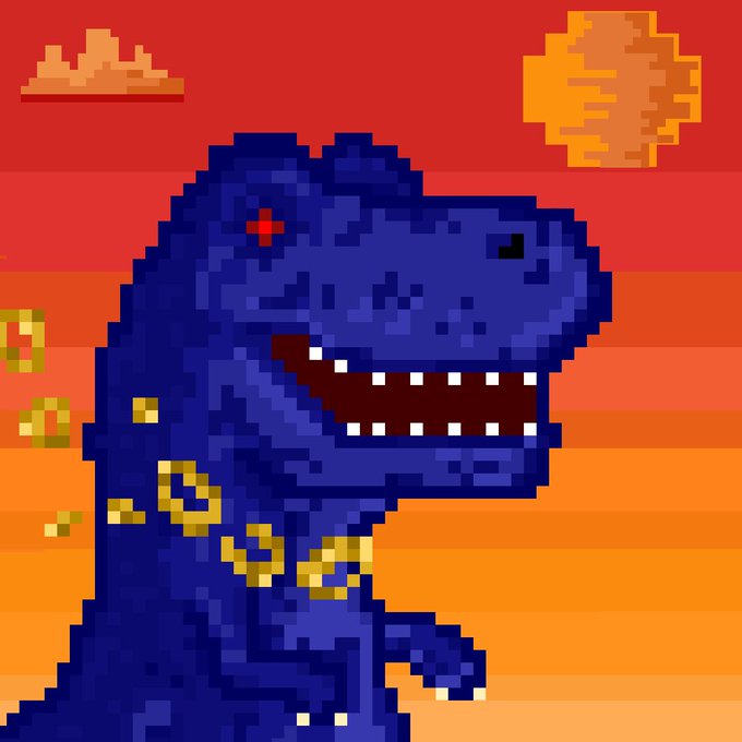 A pixel art illustration of a dark blue dinosaur with a red eye and gold ring accessories, set against a red and orange sunset background with pixelated clouds and a sun.