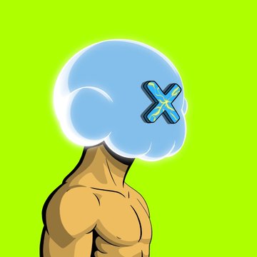A cartoon illustration of a muscular figure with a blue cloud-like head containing a blue 'X' symbol, set against a green background.
