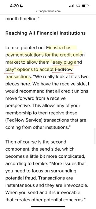 A mobile screenshot of a finopotamus.com article quoting Finastra's Lemke about FedNow integration, noting that credit unions can use Finastra's "easy plug and play" solutions to accept FedNow transactions, while warning about fraud risks on the send side due to instantaneous, irrevocable transactions.