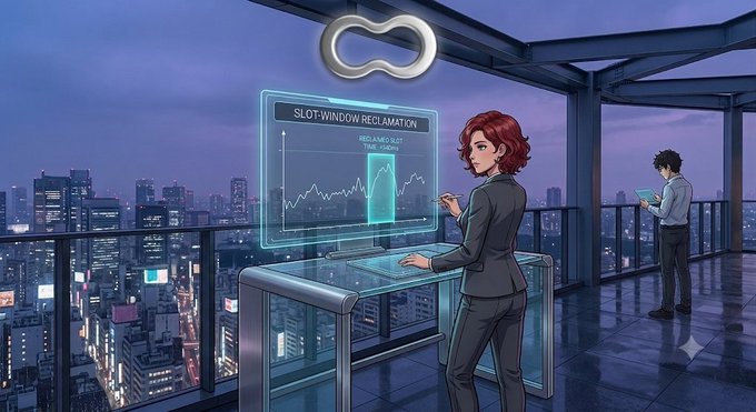 Anime-style illustration of a red-haired woman in a business suit interacting with a holographic 'SLOT-WINDOW RECLAMATION' display showing market graphs, with a man holding a tablet in the background overlooking a neon cityscape at night.