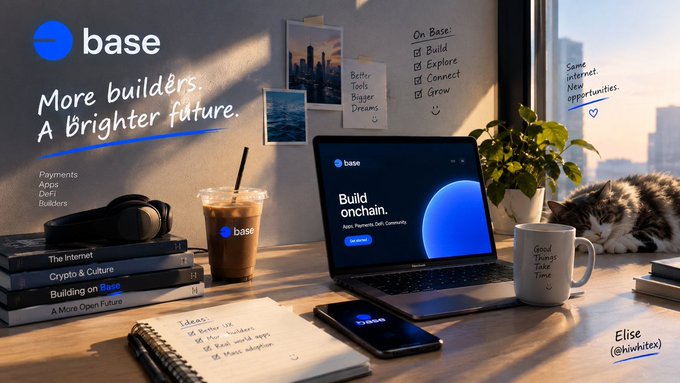 A promotional graphic for Coinbase's 'base' platform with the slogan 'More builders. A brighter future.', showing a desk with a laptop, iced coffee, books, and a cat, with social media handles @hiwhitex and @elise.