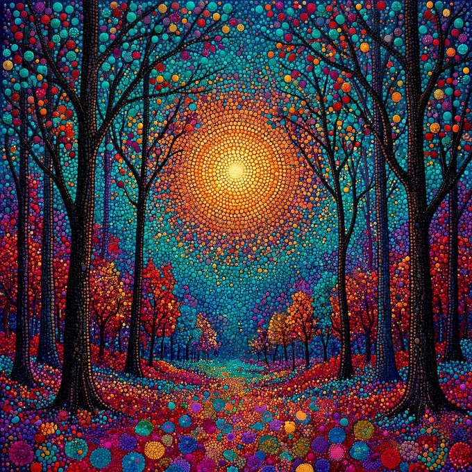 A vibrant pointillist-style painting of a forest path illuminated by a bright sun, featuring colorful dotted textures throughout.