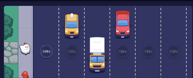 A top-down view of the Roobet "Mission Uncrossable" game shows a chicken attempting to cross a multi-lane highway with cars approaching, featuring multiplier values of 1.09x, 1.25x, 1.66x, 1.94x, and 2.28x displayed in the lanes. The image directly illustrates the game referenced in the post, where the player celebrates accumulating +155U in winnings and invites others to share their best scores.