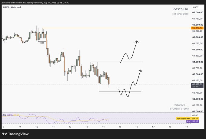 A TradingView chart for Piesch Flo (BTCUSDT) showing a bearish price action with drawn arrows indicating a potential upward bounce, labeled with 'MSS' and an RSI indicator at the bottom.