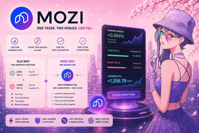 Promotional graphic for "MOZI" illustrating its "One Trade, Two Venues, One P&L" workflow, contrasting the "OLD WAY" of managing two separate positions (Long DEX A with -0.042% funding, Short DEX B with -0.042% funding paid) against the "MOZI WAY" which combines them into one liquidation and one close, showing a "+1,256.78 USDC" combined P&L and a "CLOSE EVERYTHING" button alongside an anime-style character in pink against a neon city backdrop.