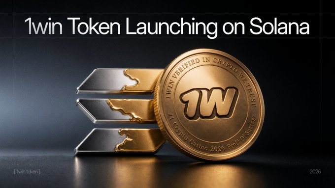 Promotional graphic for '1win Token Launching on Solana', displaying a gold coin engraved with '1WIN VERIFIED IN CRYPTO WE TRUST' and stacked gold bars against a dark background.