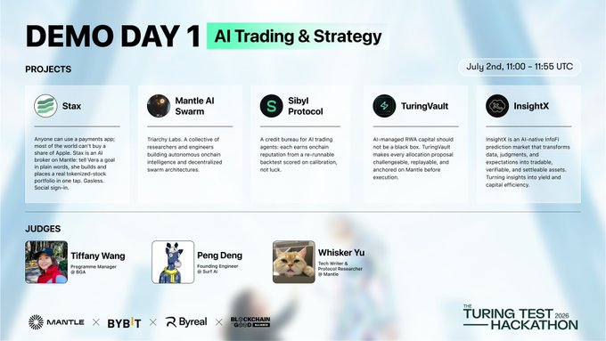 A Demo Day 1 poster for 'AI Trading & Strategy' at the Turing Test Hackathon 2026 (sponsored by Mantle, Bybit, Byreal, Blockchain Society), featuring projects Stax, Mantle AI Swarm, Sibyl Protocol, TuringVault, and InsightX, with judges Tiffany Wang, Peng Deng, and Whisker Yu, scheduled for July 2nd, 11:00-11:55 UTC.