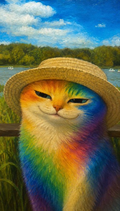 A vibrant rainbow-colored cat wearing a straw hat sits in a sunny riverside landscape, embodying the whimsical "Rainbow Cat of Solana" featured in the post promoting the $COLORS token on day 35 of its daily posting campaign.