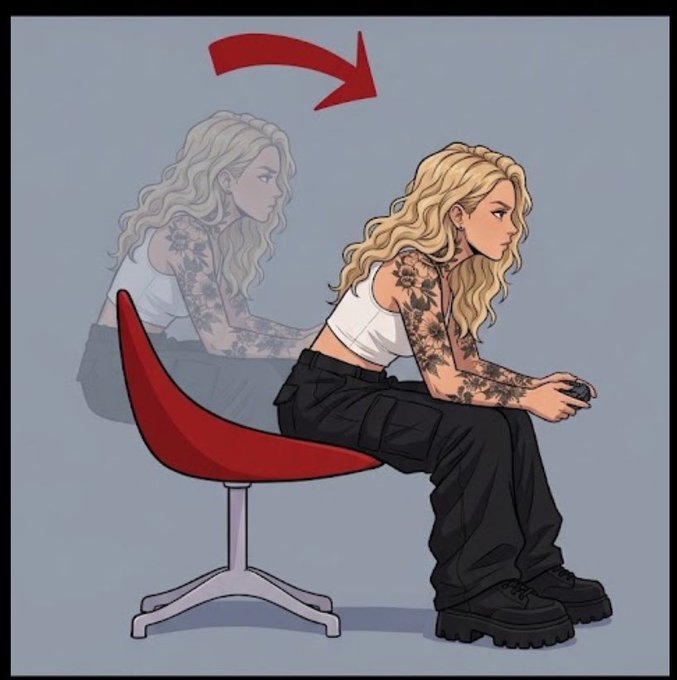 An illustrated graphic shows a blonde woman with floral tattoos holding a game controller; a red arrow points to her shifting from a hunched position on a red chair to sitting on its edge.