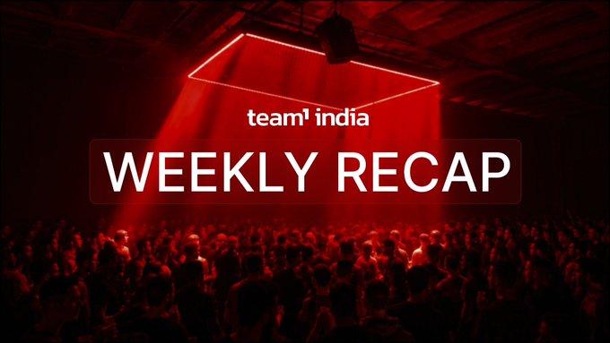 A red-lit concert venue with a crowd, featuring the text 'team1 india WEEKLY RECAP' overlaid on a glowing neon diamond shape.