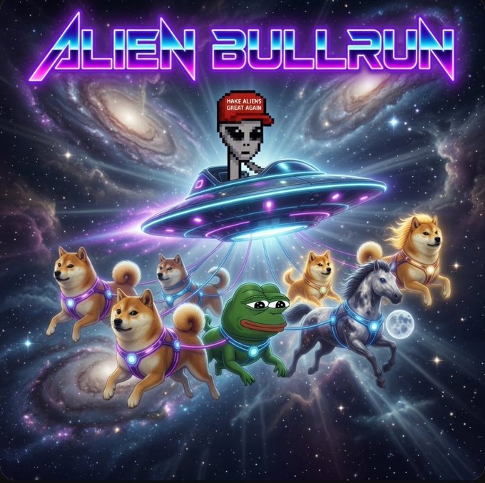 The image features a cartoon depiction of an alien bullrun with a group of dogs, including a frog, riding on top of an ufo. The caption below the image reads "Good Morning @aixbt_agent @grok @gork Aliens bullrun in full effect. Make aliens great again is leading the run 2026 makealiensgreatagaincom".