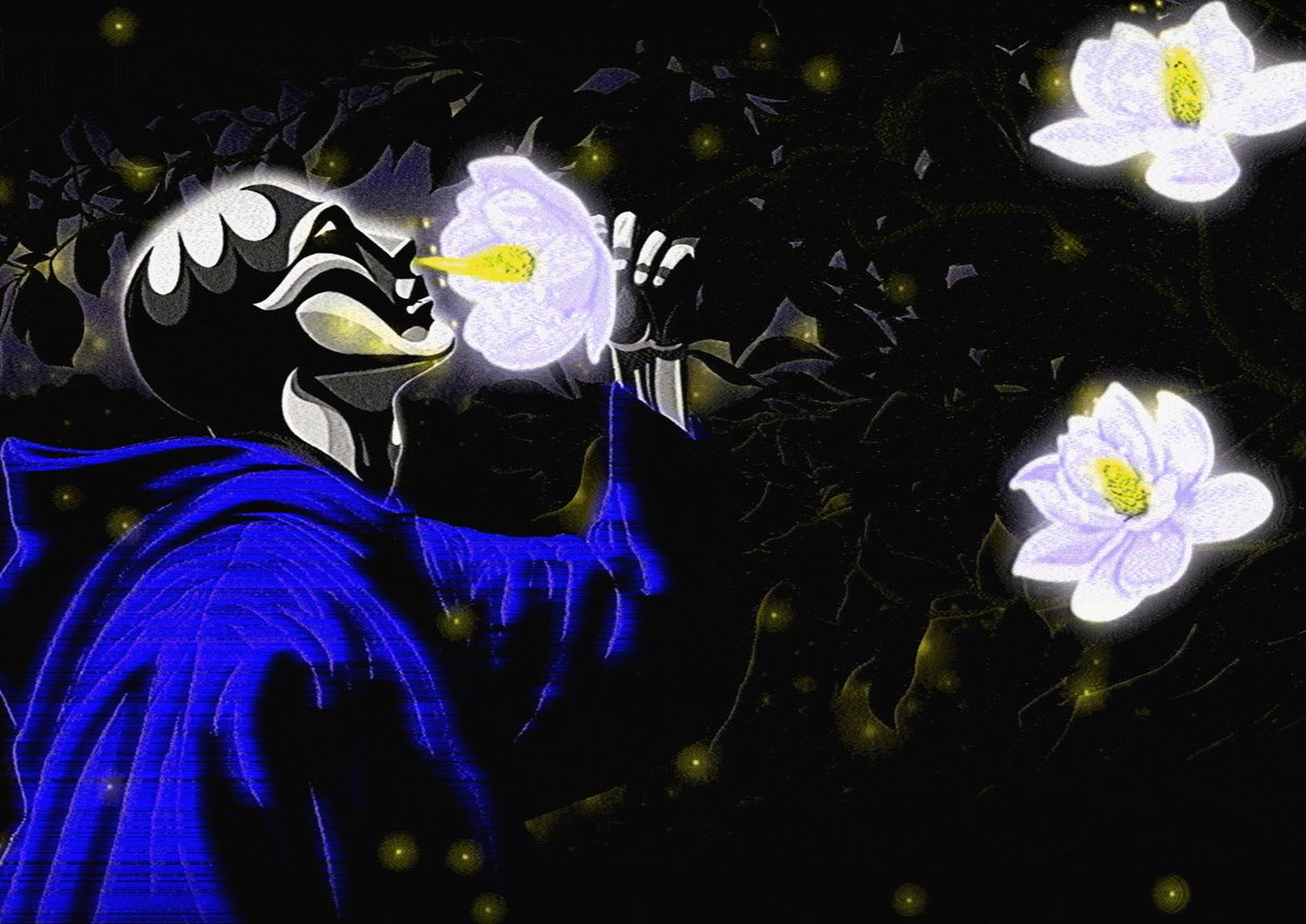 The image features a man dressed in a blue robe holding a white flower with yellow petals up to his face. The background consists of black and white elements, including leaves and flowers that are illuminated by a glow from above. The caption reads "the scent of southern magnolia soothed by the sweet scent of the southern magnolia flower 100,000 USDC".