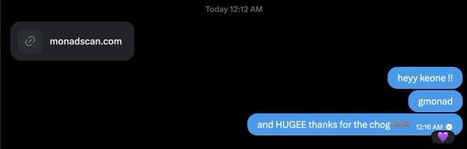 An iMessage screenshot showing a link preview for 'monadscan.com' and blue message bubbles reading 'heyy keone !! gmonad and HUGEE thankss for the chog', '12:16 AM'.