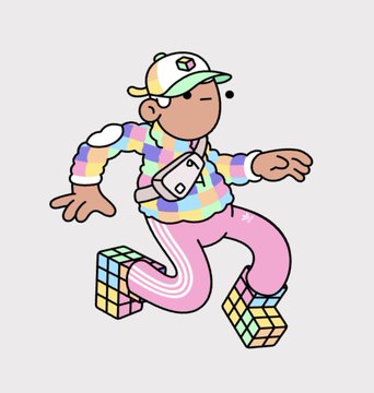 A cartoon character wearing a pastel rainbow sweater, pink pants, a cap, and blocky shoes, depicted in a walking pose against a white background.