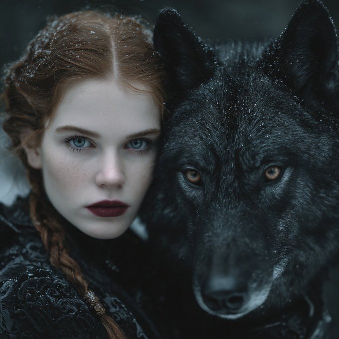 A portrait of a young woman with braided red hair and pale blue eyes standing closely beside a large black wolf in a snowy setting.