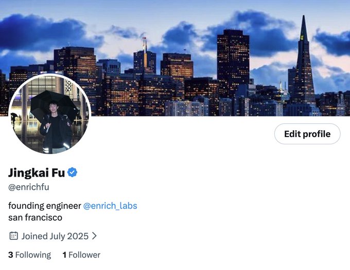 A Twitter/X profile for Jingkai Fu (@enrichfu), described as a 'founding engineer @enrich_Labs' based in San Francisco, with 3 Following and 1 Follower.