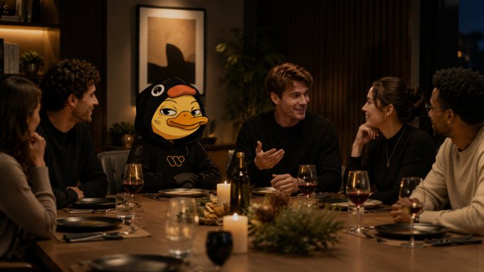The image shows a group of people sitting around a dining table, engaged in conversation while enjoying wine and food. The table is set with various items such as wine glasses, plates, and a vase filled with flowers. A person wearing a penguin costume adds an element of fun to the gathering. The post about online trust formation highlights how small nuances can build trust over time through consistent interactions on social media platforms like Twitter or Facebook.
