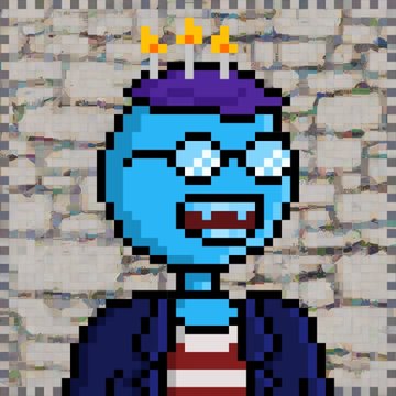 A pixel art character with blue skin, glasses, a party hat, and a striped shirt standing against a stone wall background.