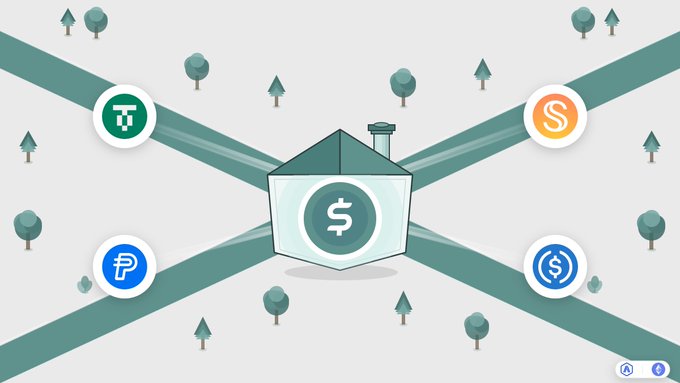 An illustrated diagram showing a house with a dollar sign at the center connected by crossing roads to four circular cryptocurrency logos: Tether (USDT) in green, Status (SNT) in orange, PayPal in blue, and USDC in blue, surrounded by stylized trees.