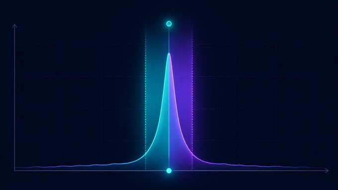 A glowing bell curve-style graph on a dark background, featuring a cyan peak with a point marker and vertical dotted lines on a coordinate grid.